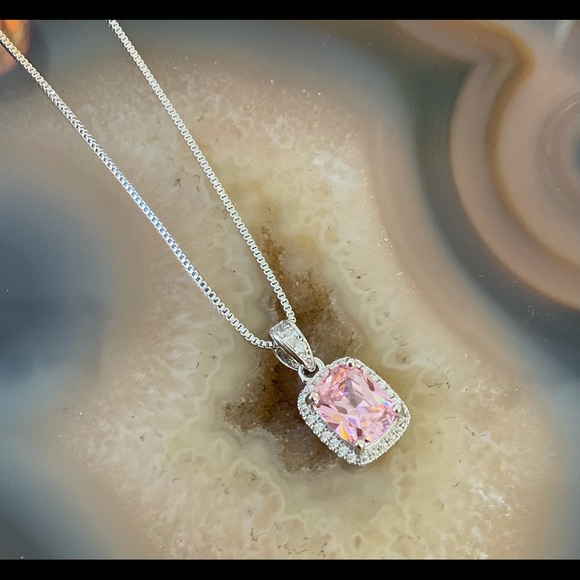 Sterling silver Pink cubic zirconia pendant necklace October Birthstone - Picture 4 of 6